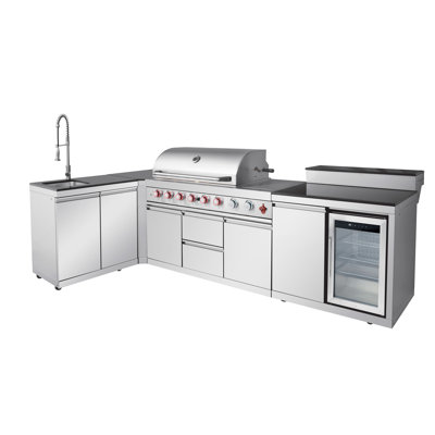 SERA-B 95.8" Outdoor Kitchen Island 4-Piece Set with 6+1 Burner 95500 BTU Propane Grill, Sink, Refrigerator & Bar Table, 304 Stainless Steel – Silver
