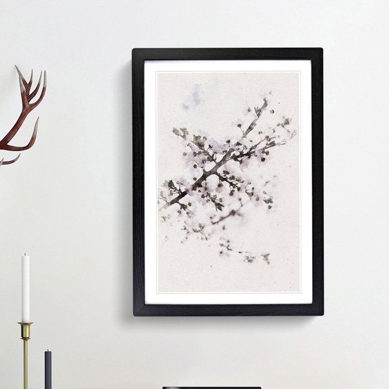 Branch of a White Cherry Blossom Tree - Picture Frame Painting Print, Black Framed, 63cm H x 45cm W x 2cm D