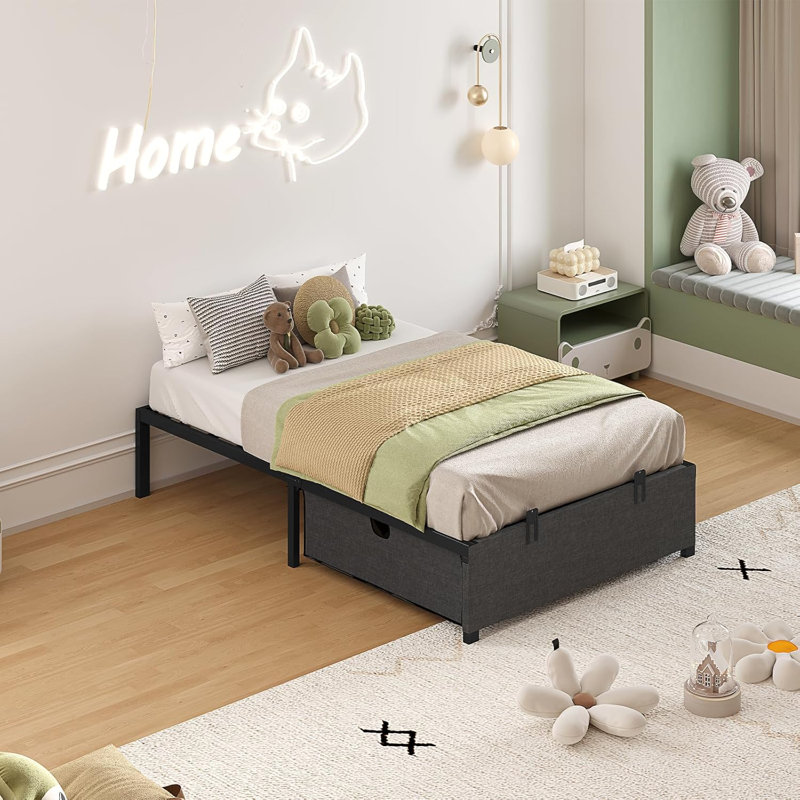  Platform Twin Size Bed Frame with 2 Large Storage Drawers,Heavy Duty Steel Slats, Dark Grey & Black