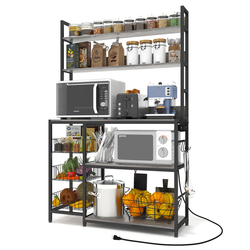 Kitchen Bakers Rack With 3 Wire Baskets And Power Outlets, Microwave Shelf Rack, Gray