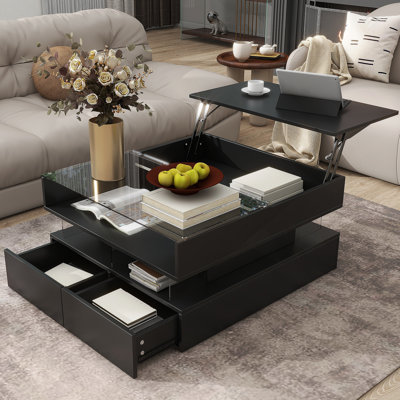 Table basse à plateau relevable avec 2 tiroirs, table basse carrée moderne avec plateau en verre et finition ultrabrillante, espace caché et lumières DEL pour le salon