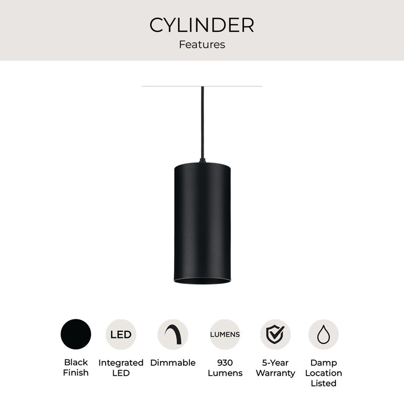 Delaplaine 6" Black Aluminum LED Cylinder Outdoor Pendant, Black, 132.8" H x 6" W x 6" D, 32