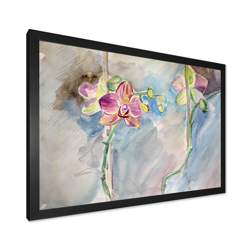 Croquis d'orchidées roses - reproduction sur toile, Cadre d'angle fermé noir, H 8 po x l 12 po x P 1 po