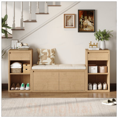 Banc de rangement tout-en-un avec coussin, compartiments, tiroirs et tablettes ouvertes pour le couloir, le vestibule et le salon