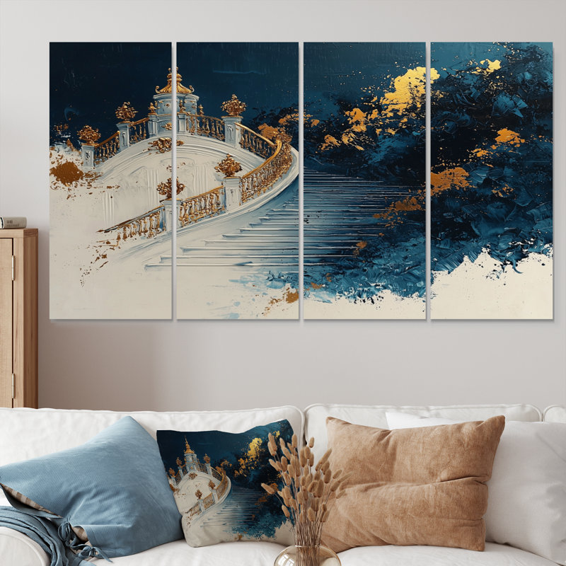 Oasis décorative bleue et blanche, temple thaïlandais II - ensemble d'art abstrait sur toile florale, H 32 po x l 64 po