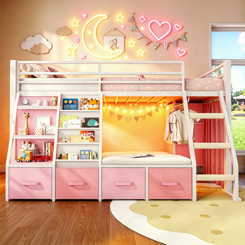 Low Loft Bed with Built-in Cushioned Seat & LED Reading Corner & 7 Storage Drawers & Bookshelves Metal Under-bed Play House Captain Bed with Curtain