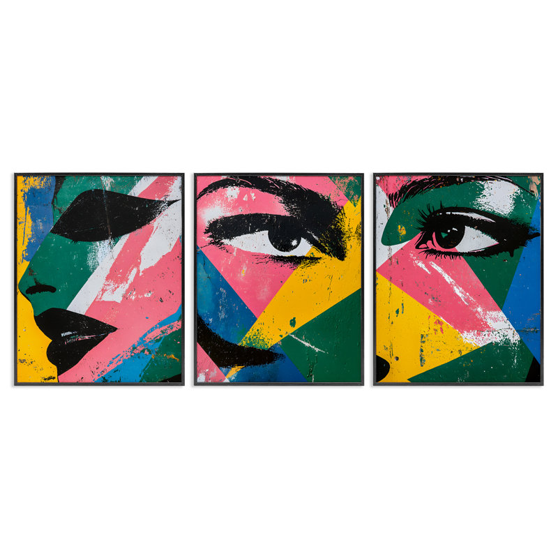 «Face & Eyes Fractal», ensemble de 3 impressions giclées sur toile, H 14 po x l 33 po, Giclée encadrée noir minuit