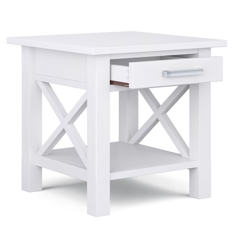 Kitchener 21"W Solid Wood Contemporary Square End Table with Drawer, Open Shelf and X-Design, White