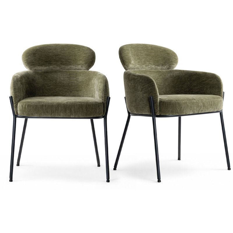 Modern Upholstered Dining Chairs With Curved Back & Black Metal Legs, Green