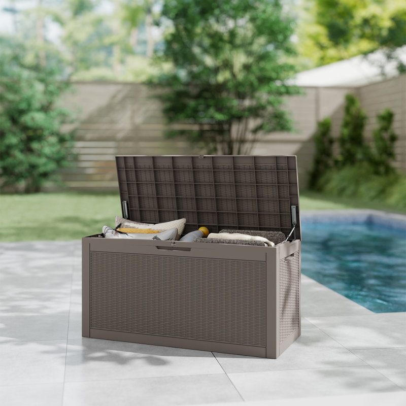 Boîte de rangement verrouillable en résine résistante à l'eau 100 gallons Yardgrace (style rotin), Brun