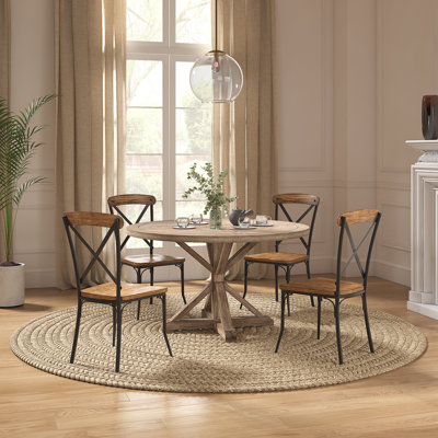 Diskin Rustic X-Base Round Pine Finish Dining Table Set - Table And 4 X-Back Metal Chairs