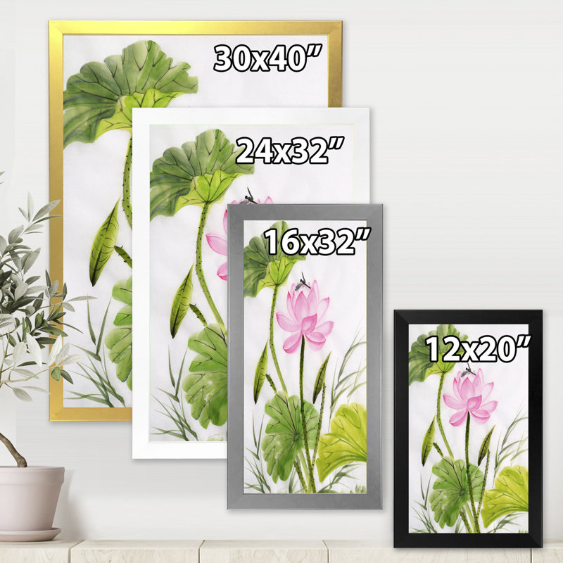 Simple fleur de lotus rétro avec feuilles vertes - reproduction sur toile, H 20 po x l 12 po x P 1,5 po