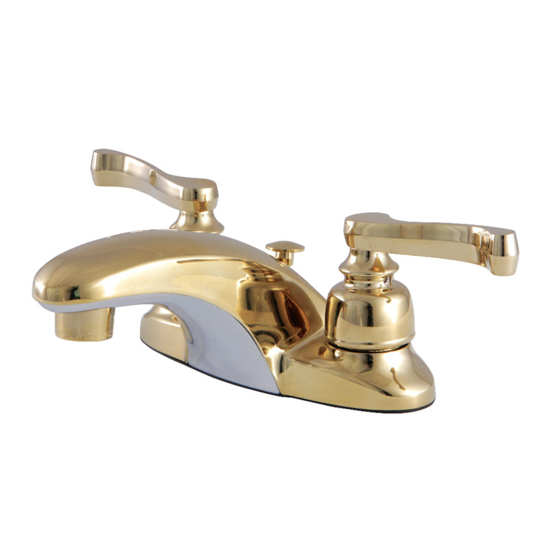 Kingston Brass Magellan Two-Handle 3-Hole Deck Mount 4" Centerset Bathroom Faucet with Plastic Pop-Up, Polished Brass