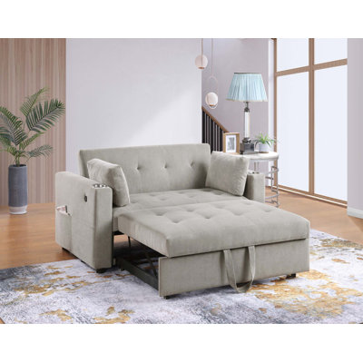57"W Corduroy Convertible Sleeper Loveseat Sofa with Cupholders, USB Ports, Magazine Pockets, Pillows, Tufting