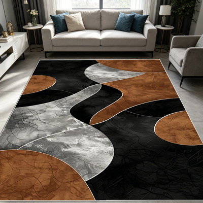 Tapis à motif abstrait texturé ondulé organique brun, noir et gris de 1 pièce pour le salon, doux et confortable, adapté à toutes les saisons, facile à entretenir, tapis de sol intérieur lavable à la machine, sous la table de campagne convenant à la salle à manger,