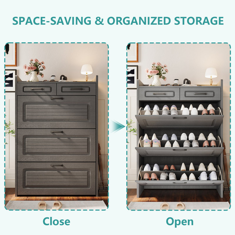 Shoe Cabinet for Entryway, Narrow Shoe Storage Cabinet with 3 Flip Drawers and 2 Top Drawers, Modern Shoe Rack Organizer Cabinet for Hallway, Apartment, Living Room, White