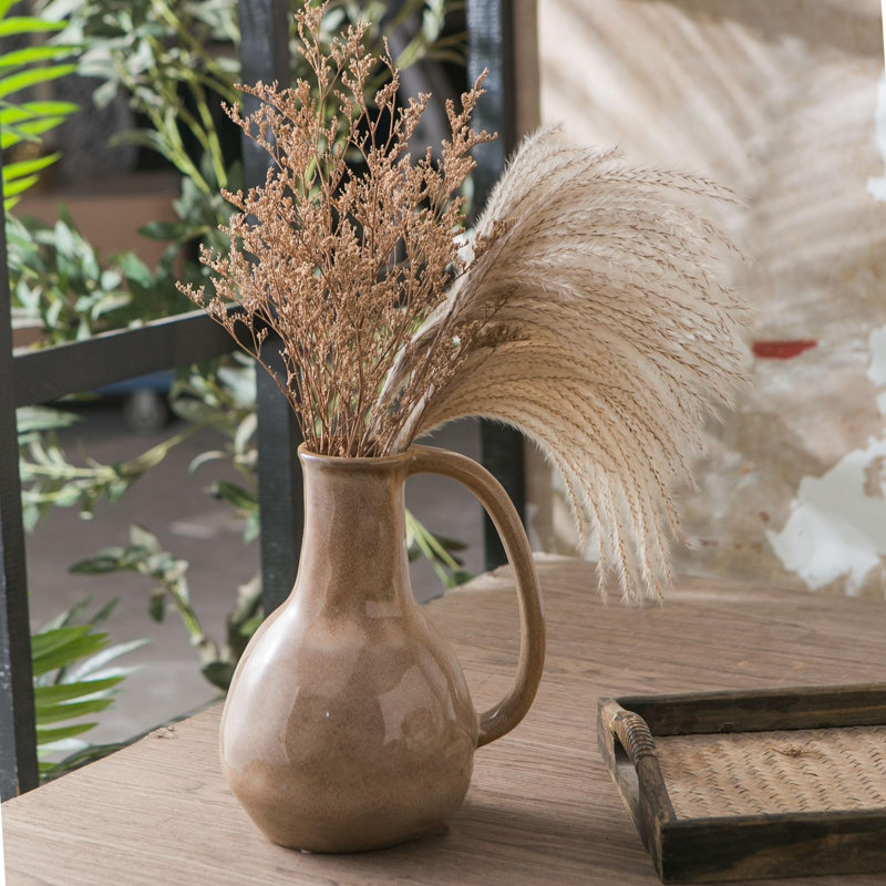 Brown Ceramic Vase With Handle, Rustic & Modern Farmhouse Style, Ideal For Fresh & Artificial Flowers, Vintage Decorative Home Decor, Perfect For
