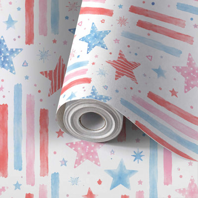 Papier peint adhésif peler et coller en PVC, revêtement mural auto-adhésif amovible avec impression d'aquarelle à rayures bleues et blanches rouges, imperméable pour la décoration intérieure - Rouleau
