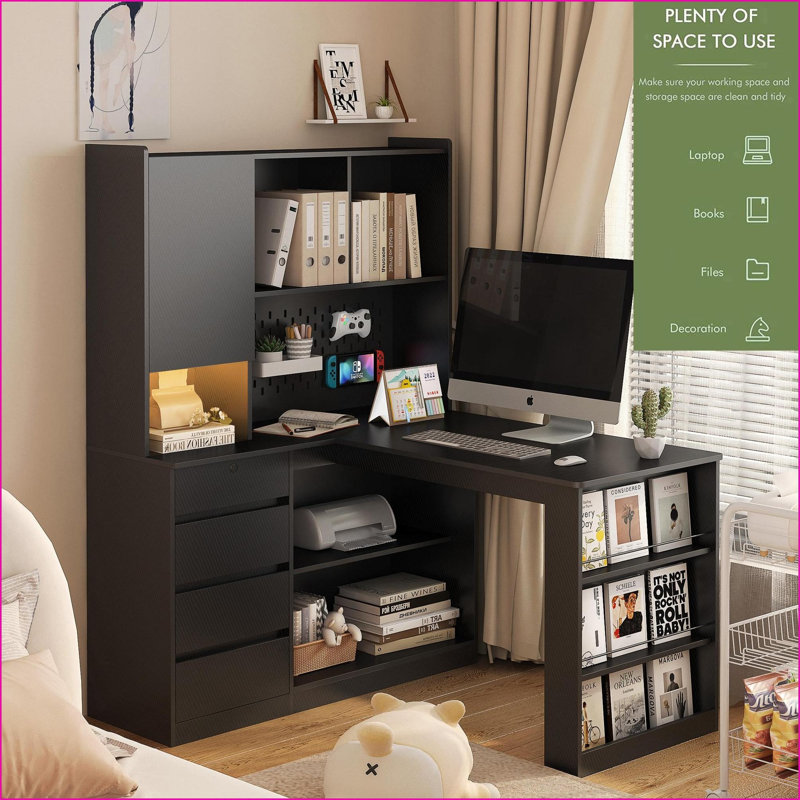 Bureaux, bureau d'ordinateur moderne en L avec rangement, ports USB et amp; Prises de courant | Blanc | Panneau de fibres à densité moyenne