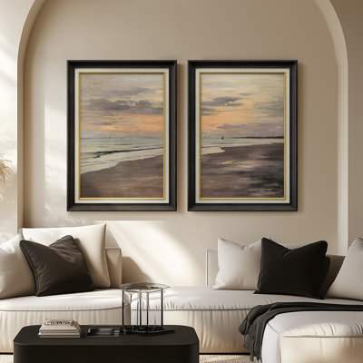 Sunset Beach Shoreline Coastal Scene Wall Decor - ensemble de 2 reproductions d'art encadrées de qualité supérieure sur papier 26 po x 36 po