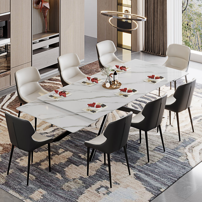9-Pieces Glam Extended Dining Table Set With 78.7''-110'' Expandable Faux Marble Top And 8 Faux Leather Dining Chairs