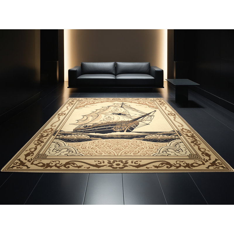 Machine Washable Mendon Historic Tall Ship Traditional Oriental Rug in Beige – Beige Binding, 8x10
