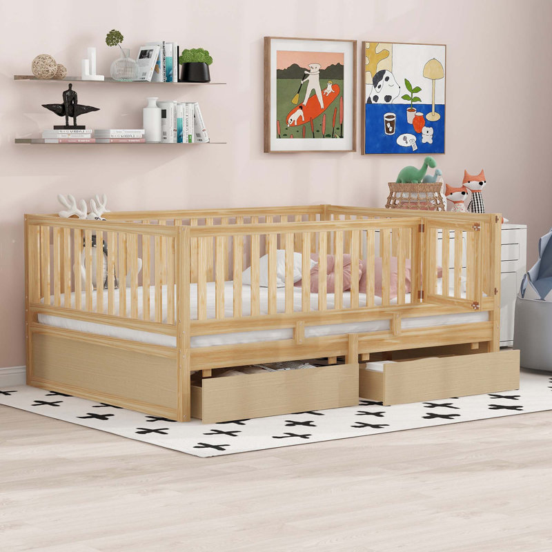 Daybed with Fence Guardrails and 2 Drawers, Natural, Full