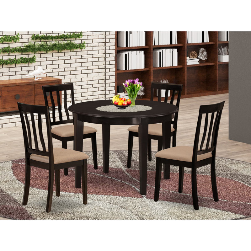 5 Piece Dinette Set for 4 Includes a Round Kitchen Table and 4 Linen Fabric Dining Room Chairs, 42x42 Inch, Cappuccino