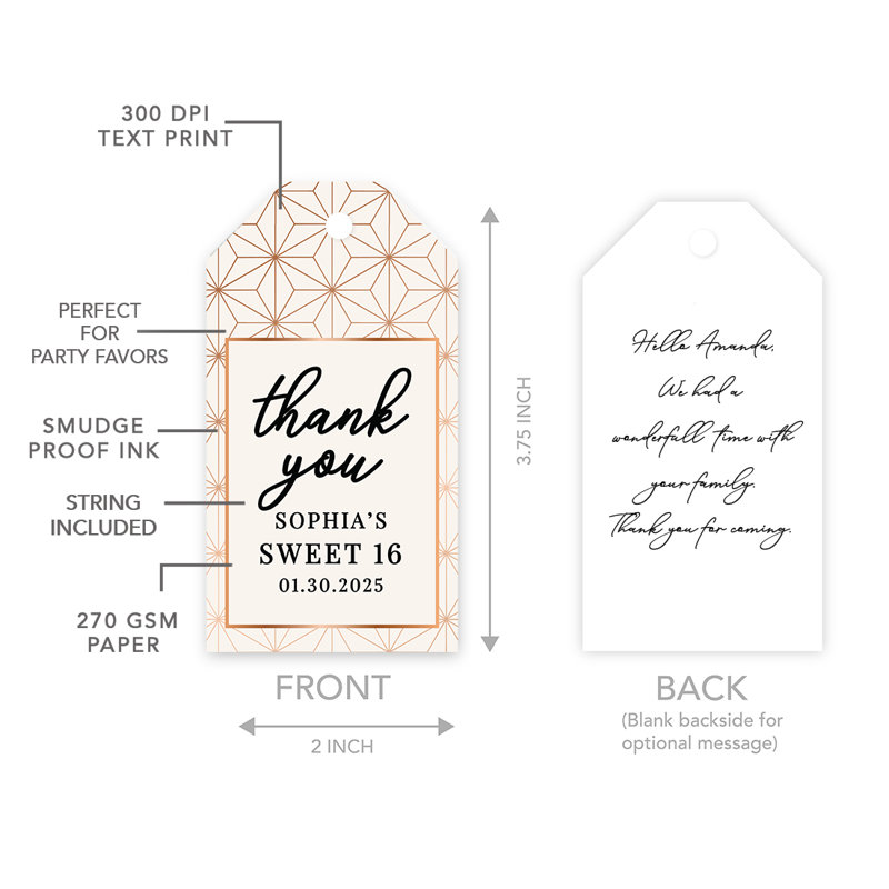 Étiquettes de cadeau personnalisables personnalisables Sweet 16 avec cordes, motif géométrique or rose pour décor de fête, paquet de 60