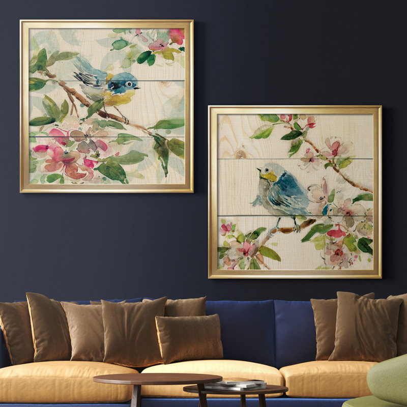 «Birds and Blossoms I», ensemble de 2 reproductions d'art encadrées, H 30,5 po x l 61 po, Doré