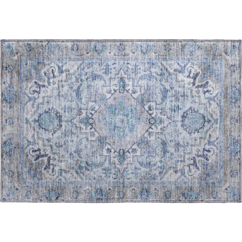 Premium Machine Washable Mayfield AMF2163 global Rug, Blue, Rectangle 1'8" x 2'6"