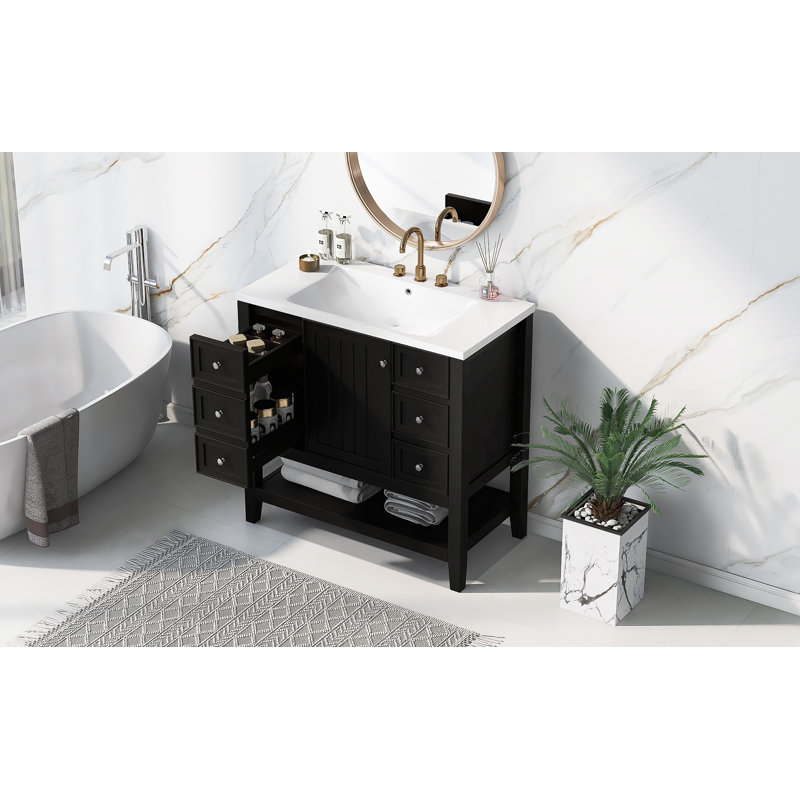 Meuble-lavabo de 36 po avec lavabo, une armoire et trois tiroirs, bois massif et panneau de fibres à densité moyenne, Noir