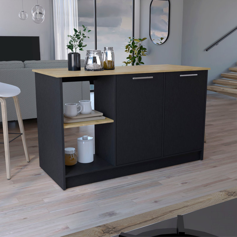 Îlot de cuisine avec grande surface supérieure, armoire à deux portes et tablettes ouvertes, Noir/naturel