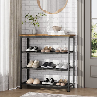 Tall 4-Tier Metal Shoe Rack – Space-Saving Slim Organizer with 3 Removable Fabric Shelves – Versatile Entryway, Bedroom, Living Room Storage – Brown+B