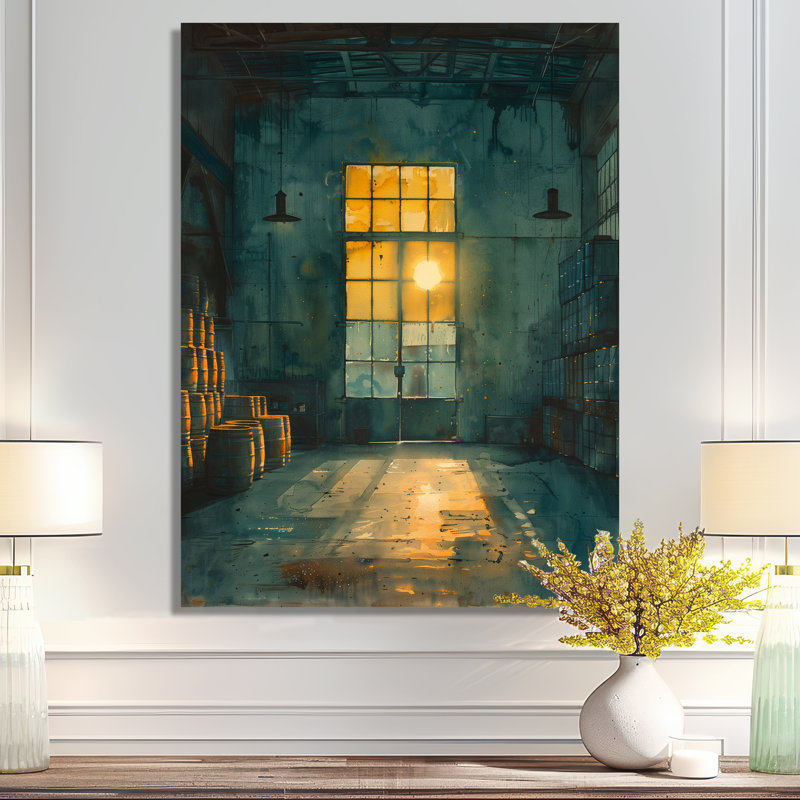 Toile commerciale verte et jaune - Warehouse, art mural, Sans cadre, métal, H 16 po x l 32 po