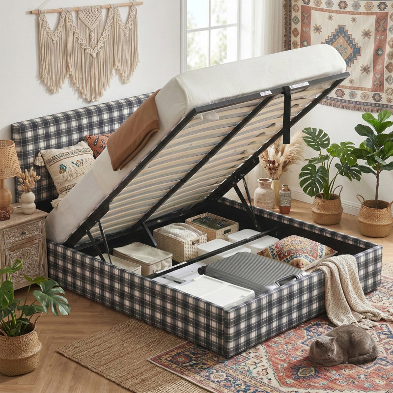 Lit plateforme tapissier Modern Farmhouse avec tête de lit écossaise et rangement relevable, Grand lit
