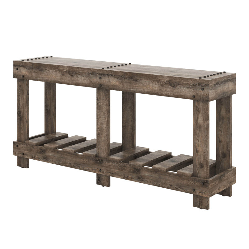 62.9" Console Table Entryway, Vintage Style With Metal Rivets & Storage Shelf, 4.5" Thick Desktop, Natural