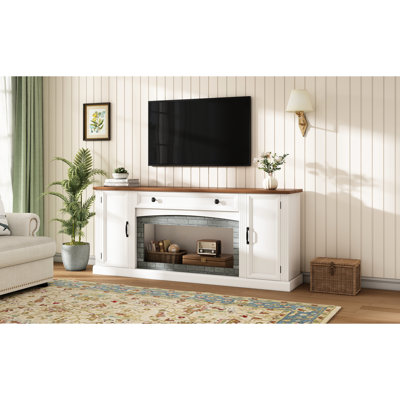 Elegant Sideboard With Rich Walnut Surface, Gray Brick Finish, Drawer, Storage, And Cable Management For Living Room Setup, White Stylish Tv Stand Accents, Shelves, Organization 70" Tvs In Area,
