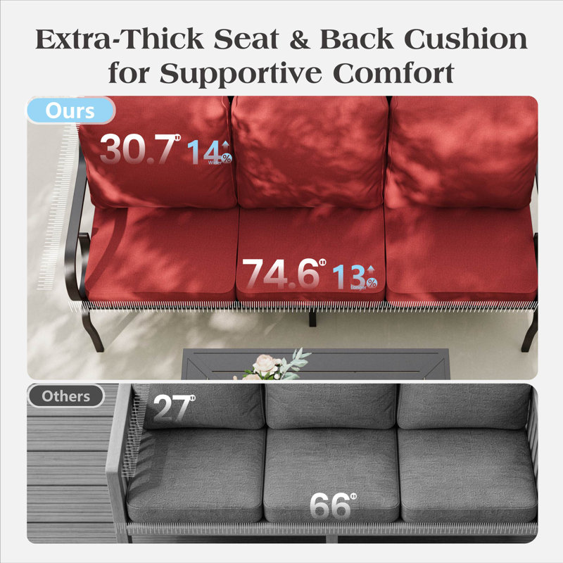 5-Person Metal Patio Conversation Set With Fire Pit Table, 4 Pcs: Firepit Table, Sofa, 2 Arm Chairs, Red, Yes