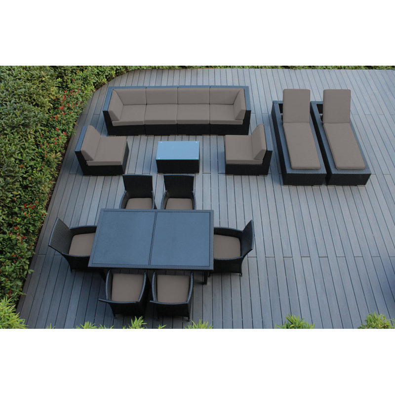 Ensemble de patio 16 pièces en rotin avec coussins Pavior, Sunbrella® - noir, Toile Sunbrella® taupe