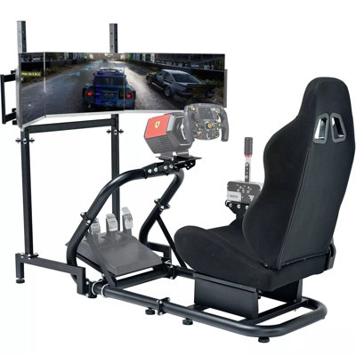 Racing Simulator Cockpit Stand With Triple Monitor Stand And Seat Fit Logitech G920 G29 Fanatec Thrustmaster by Inbox Zero