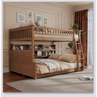 Full XL Over Queen Bunk Bed With Integrated Shelving, Color-Changing Lights And Pegboard