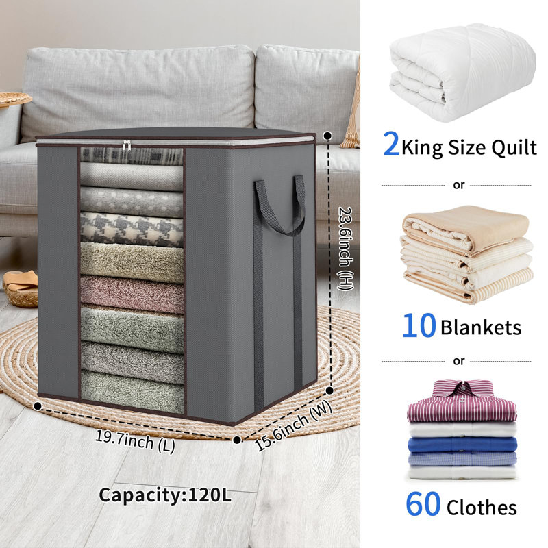 Extra Large Blanket Storage Bags 120L Comforter Storage Bags With Reinforced Handles Breathable Clothes Storage Containers Grey