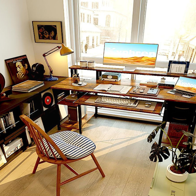 120 x 50 cm, Computer Desk with Drawers & Power Outlets,Reversible Small Desks, Brown/Black