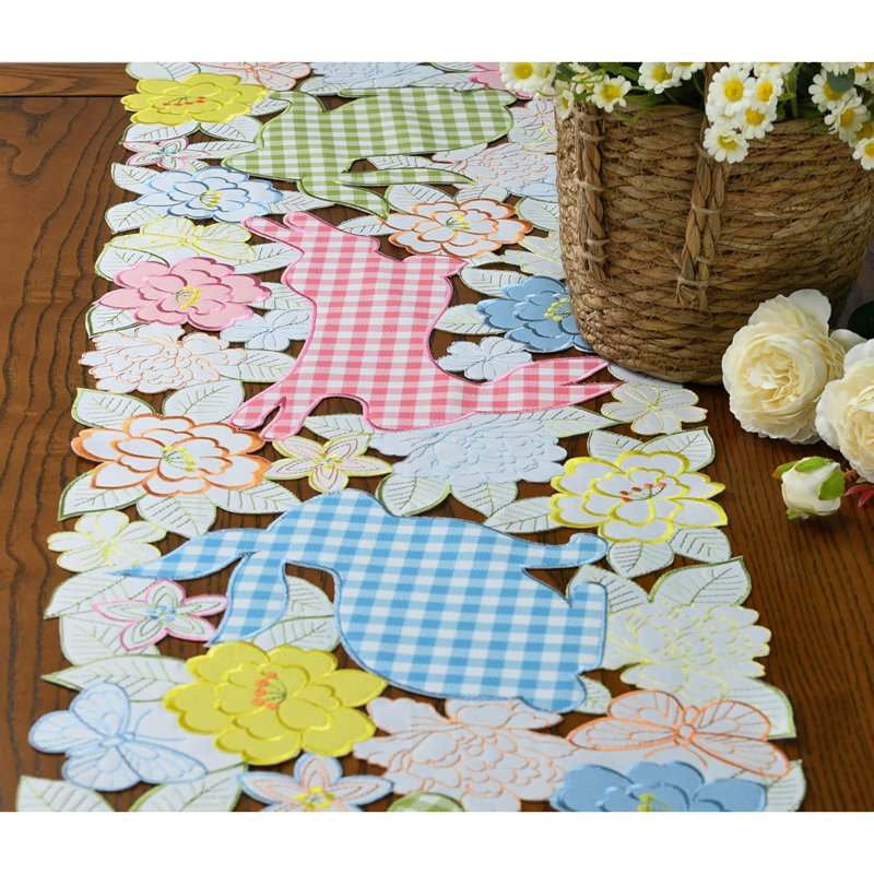 Chemin de table de Pâques long, chemin de table lapin brodé à motif écossais