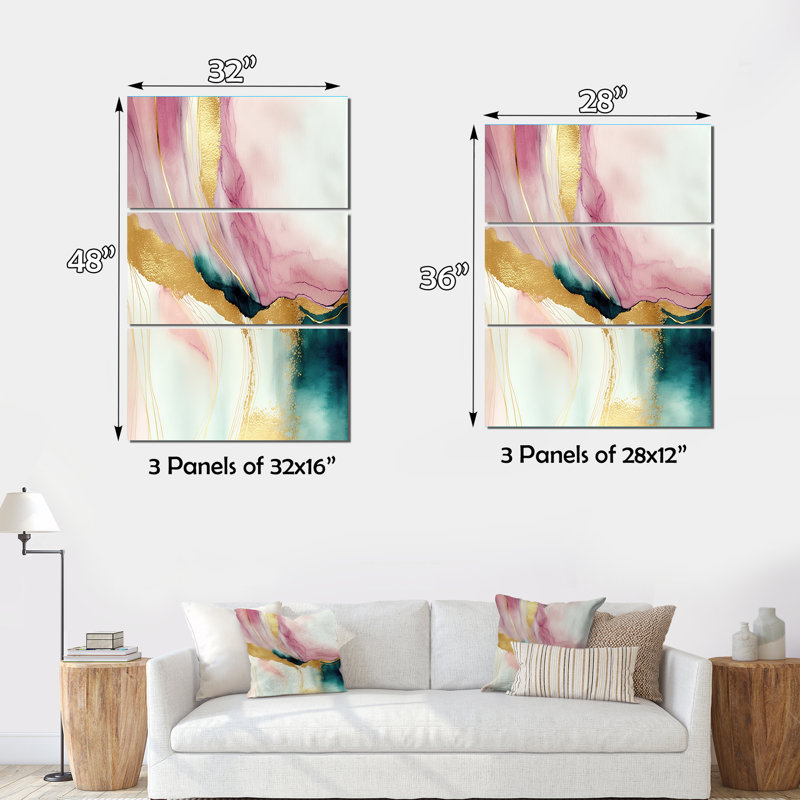 Kaeloni, géode abstraite, marbre rose et vert I sur toile, 3 pièces
