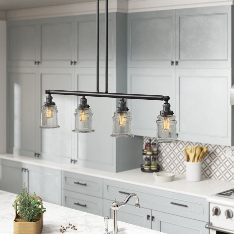 Luminaire suspendu linéaire à 4 lumières pour îlot de cuisine Galaviz, Grainé, Or satiné, Ampoule à DEL rétro de 6 watts
