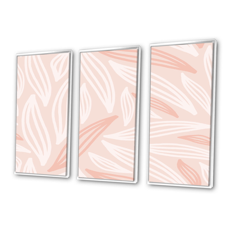 «Pink Pastel Leaves», ensemble d'art mural sur toile encadré moderne Mid-Century, H 28 po x l 36 po x P 1 po, Blanc