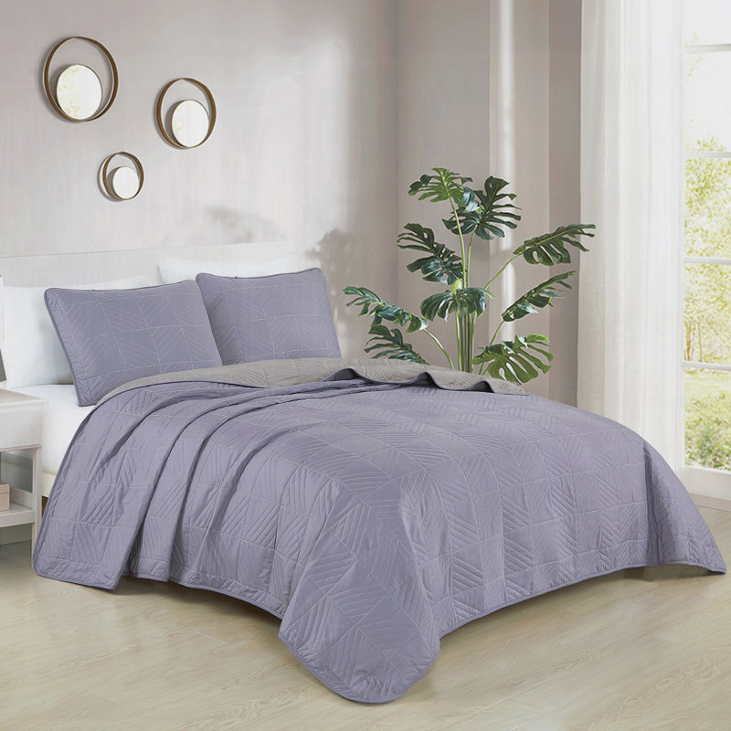 3-Piece Reversible Lavender Leaf-Quilted Microfiber Bedspread Set,Queen