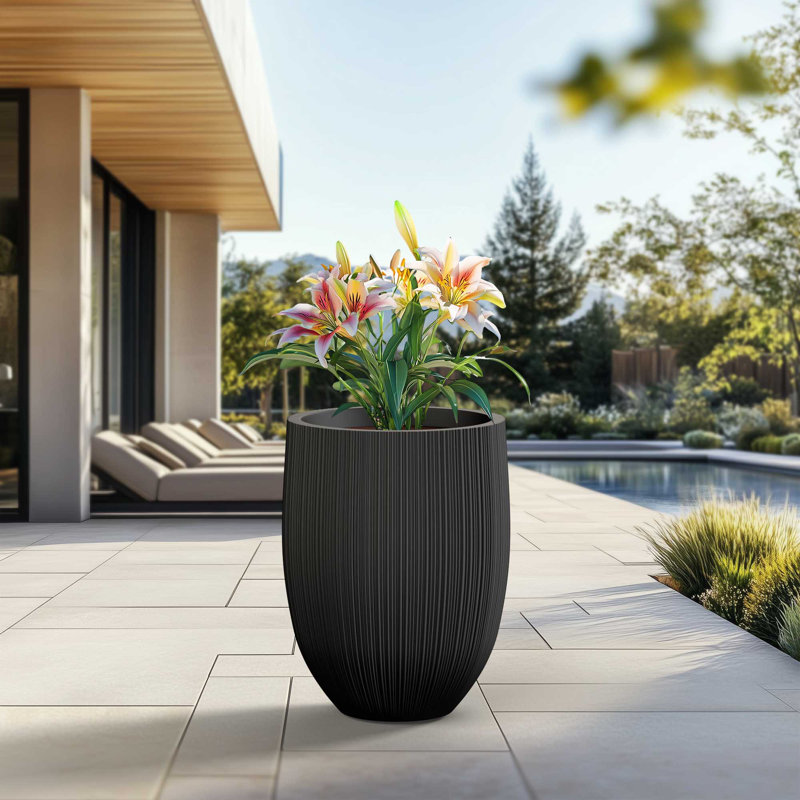 17 In. Large (Upgraded Interior) Concrete Round Planter / Pot With Drainage Holes, Charcoal Black (Upgraded Interior)